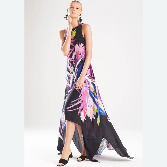 Josie Natori Prism Black Abstract Floral High Low Maxi Dress 4 - Picture 2 of 7